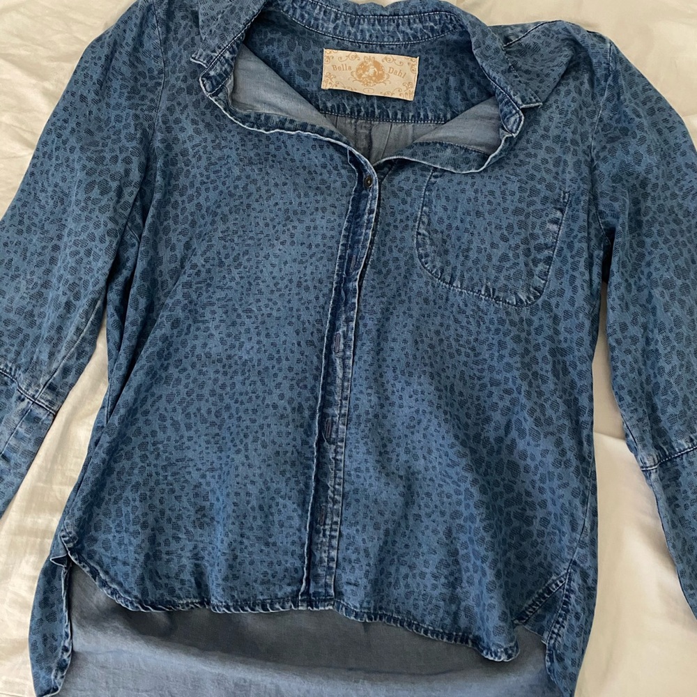denim leopard print button down